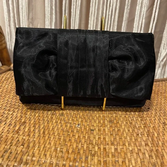 black satin evening clutch w/ pleated bow design & thin braided shoulder strap - Picture 1 of 6